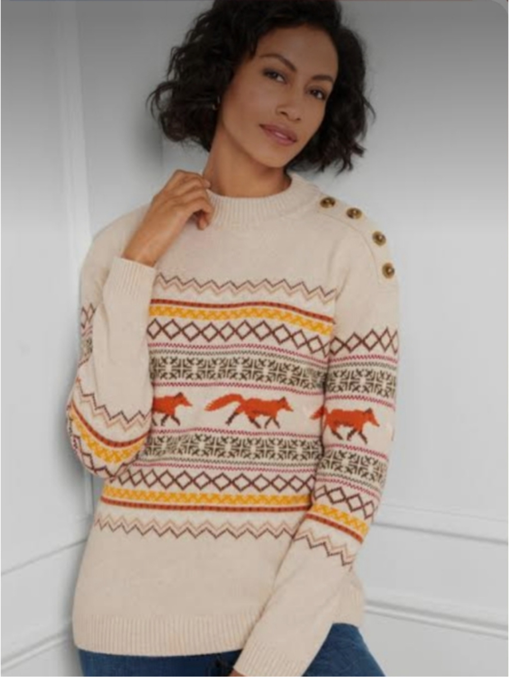 Talbots Petite Fox Fair Isle Button Shoulder Crewneck Sweater Beige Orange Fall